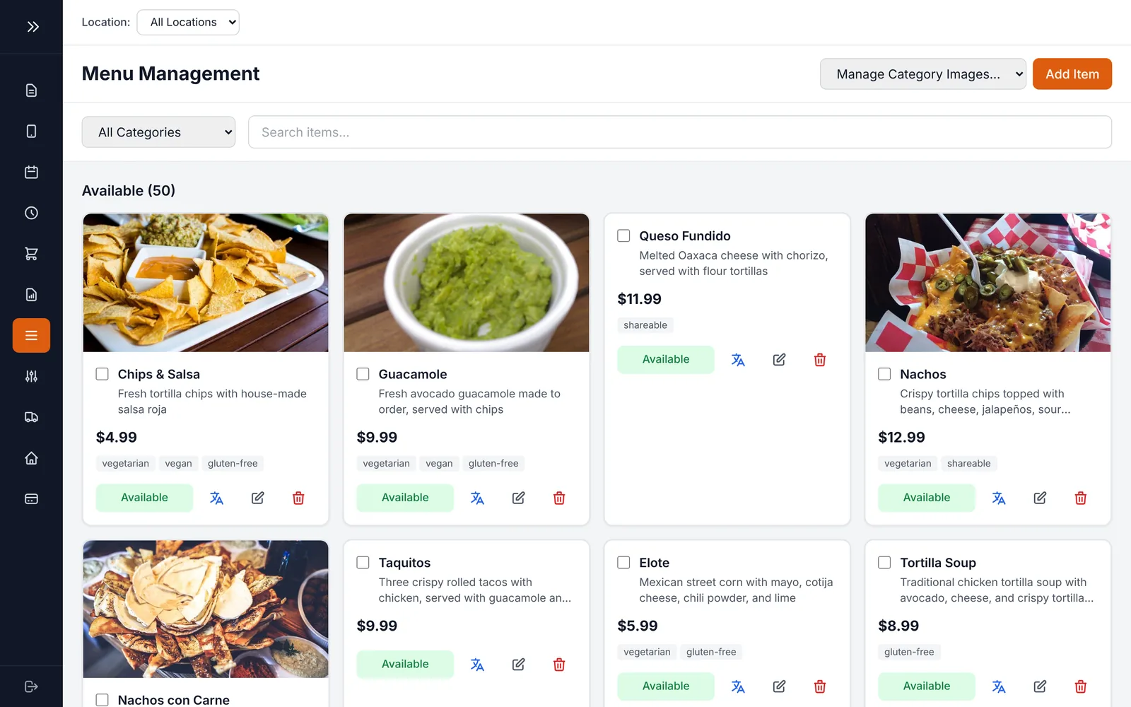 Menu management. Photos, tags, availability and translations for every item.