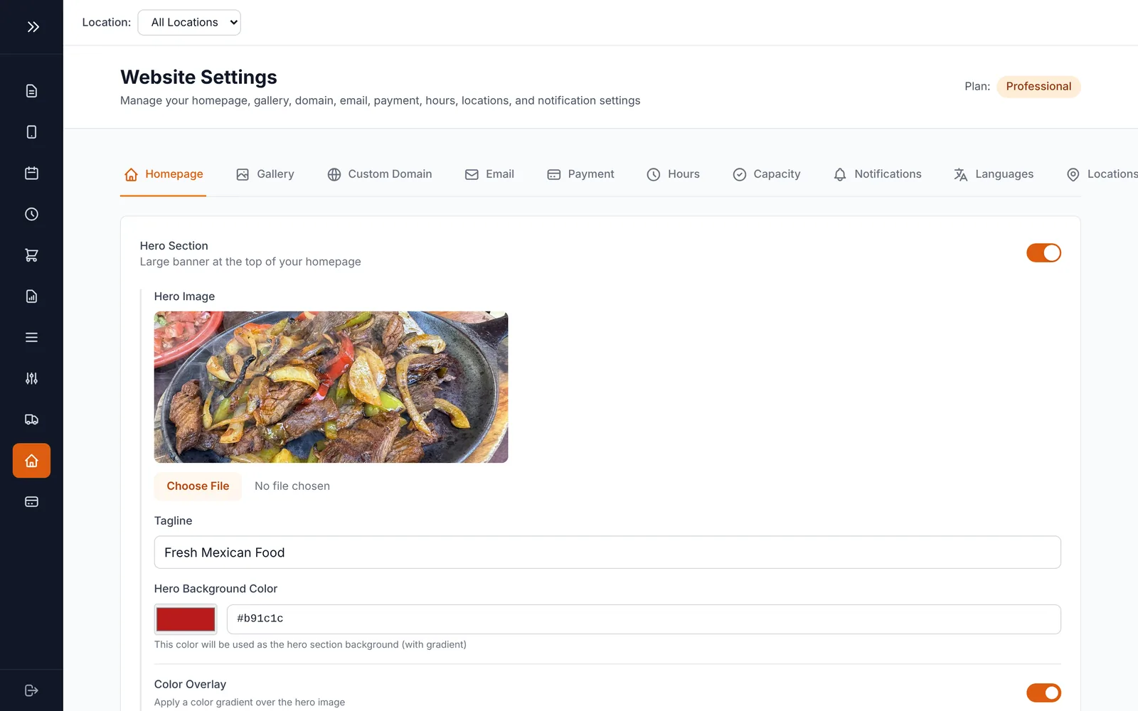 Website settings. Hero, gallery, hours, custom domain, notifications and languages, all in one place.