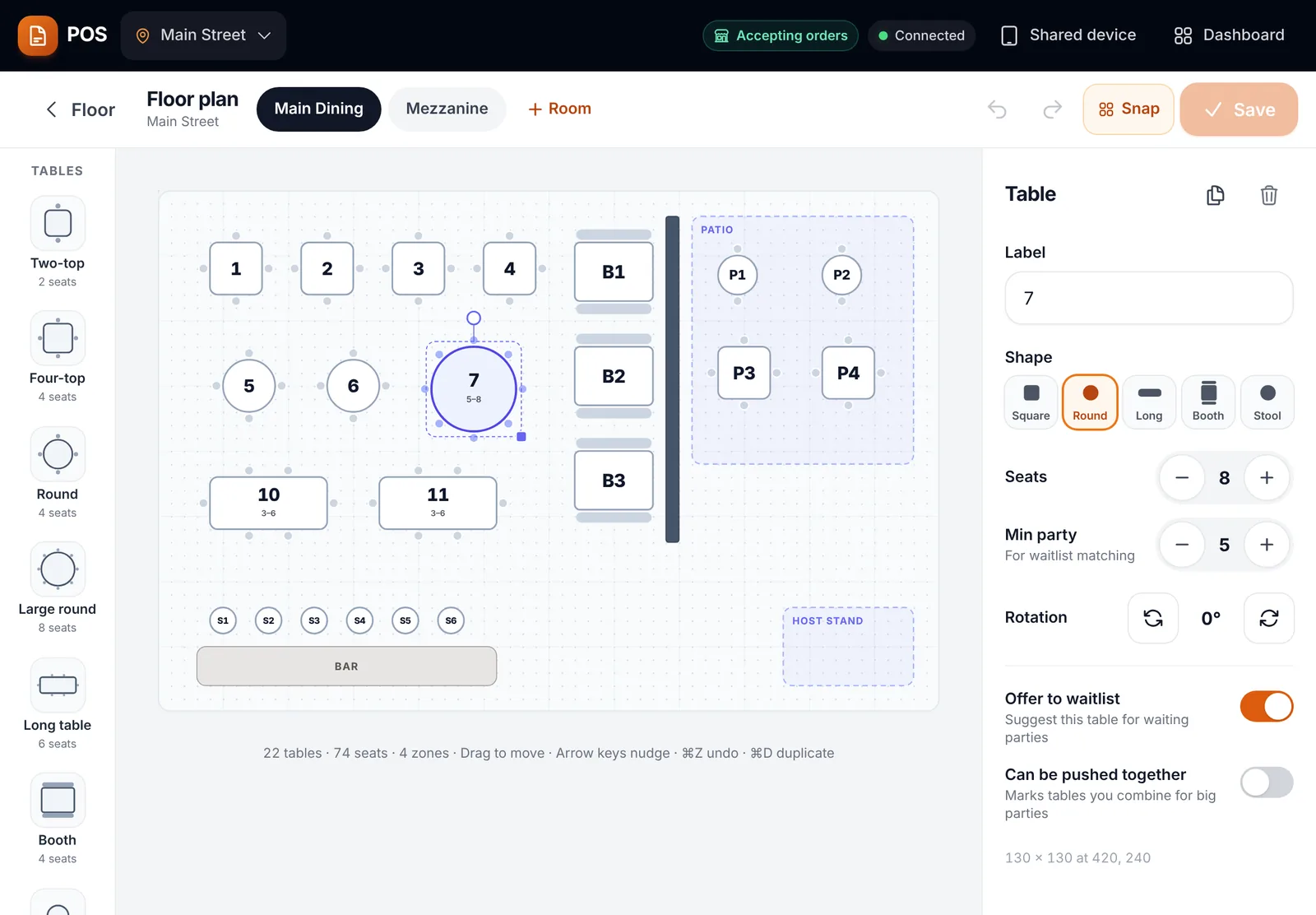 Drag-and-drop floor plan. Rooms, tables, booths, bar stools and zones. Snap to grid, set seats and minimum party size.