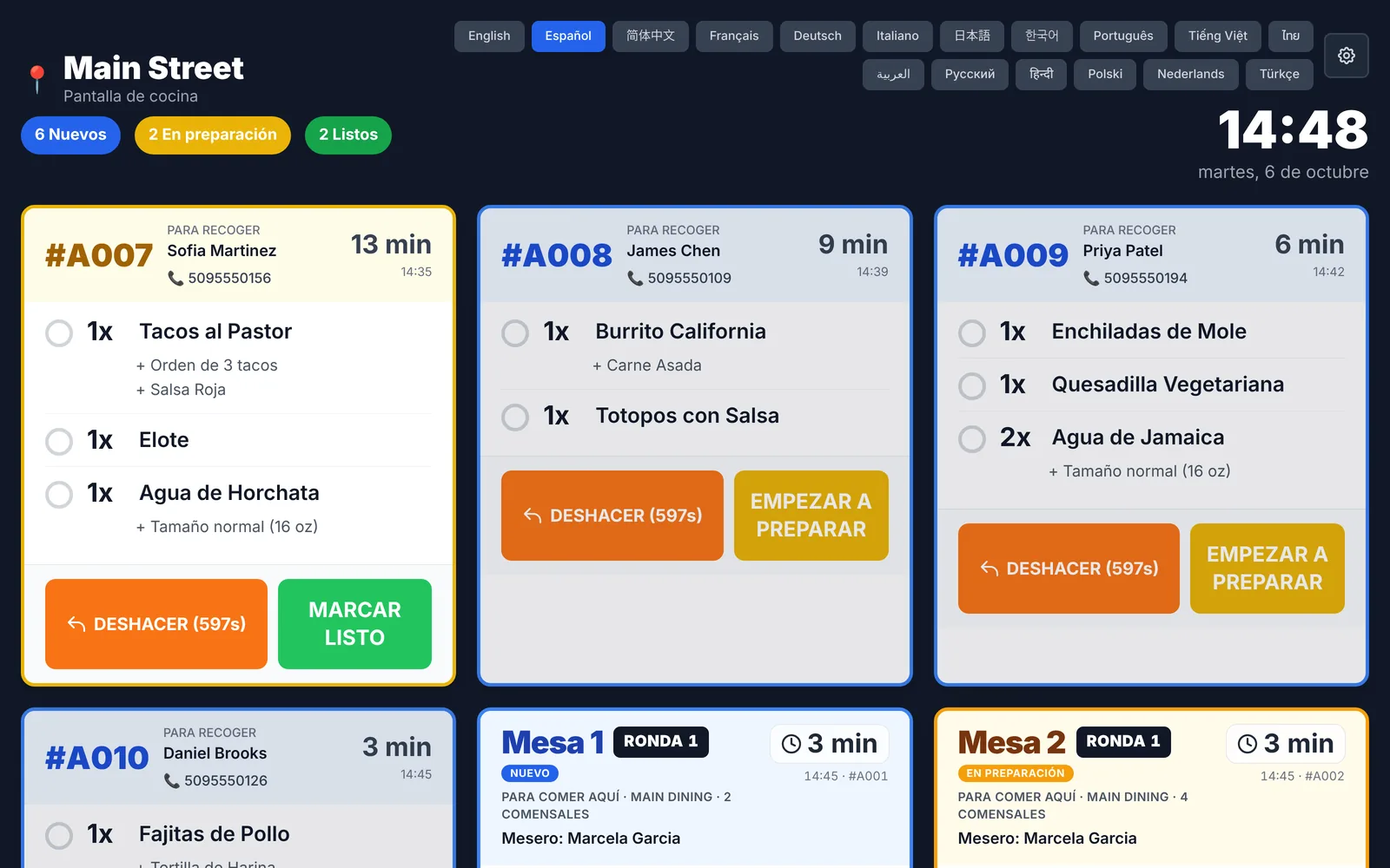 Kitchen display en Español. Online orders and dine-in rounds on one screen, with timers on every ticket.