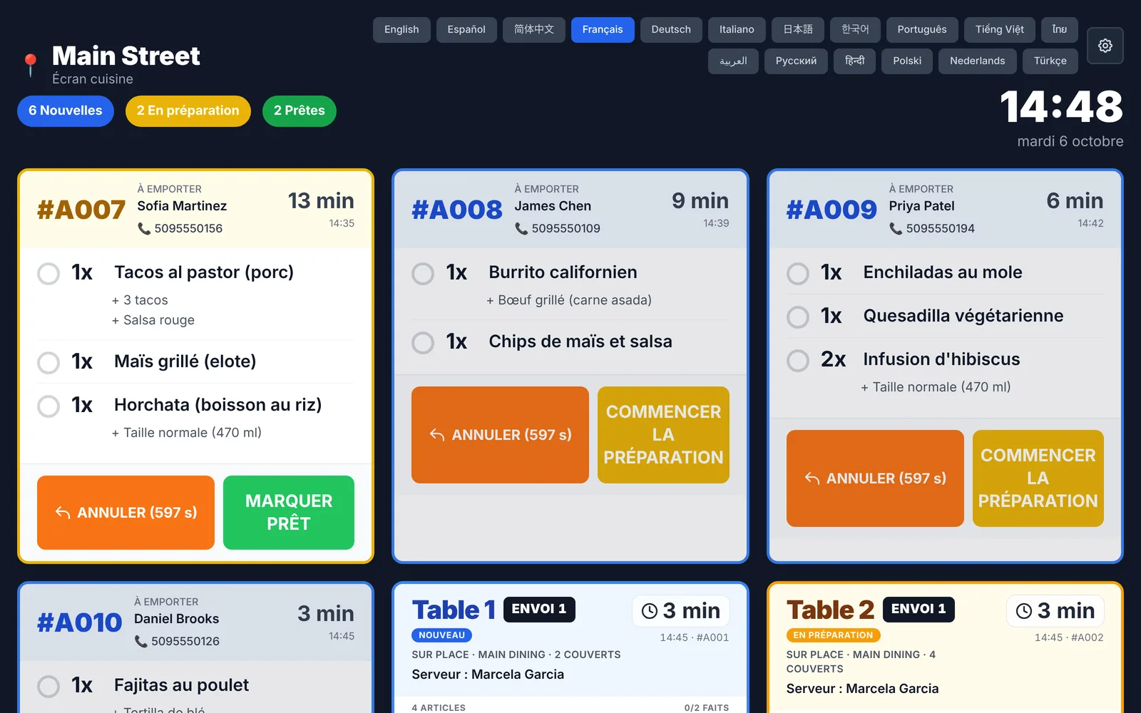 InnoOrder kitchen display in French: buttons, timers, dish names and modifiers all in French