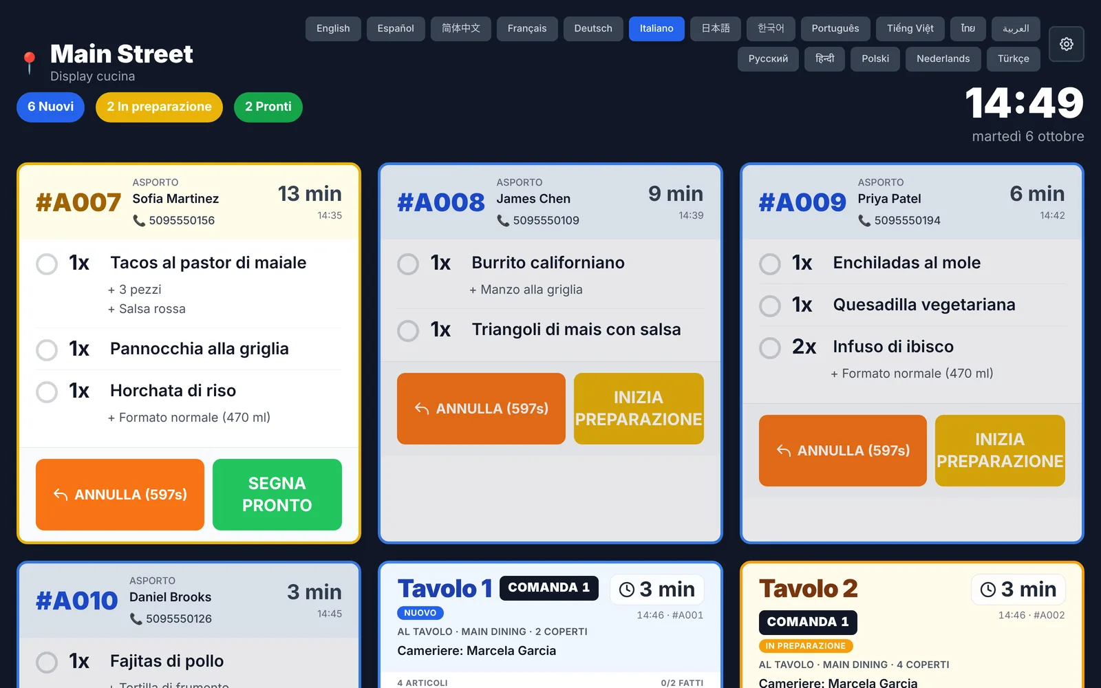 InnoOrder kitchen display in Italian: buttons, timers, dish names and modifiers all in Italian
