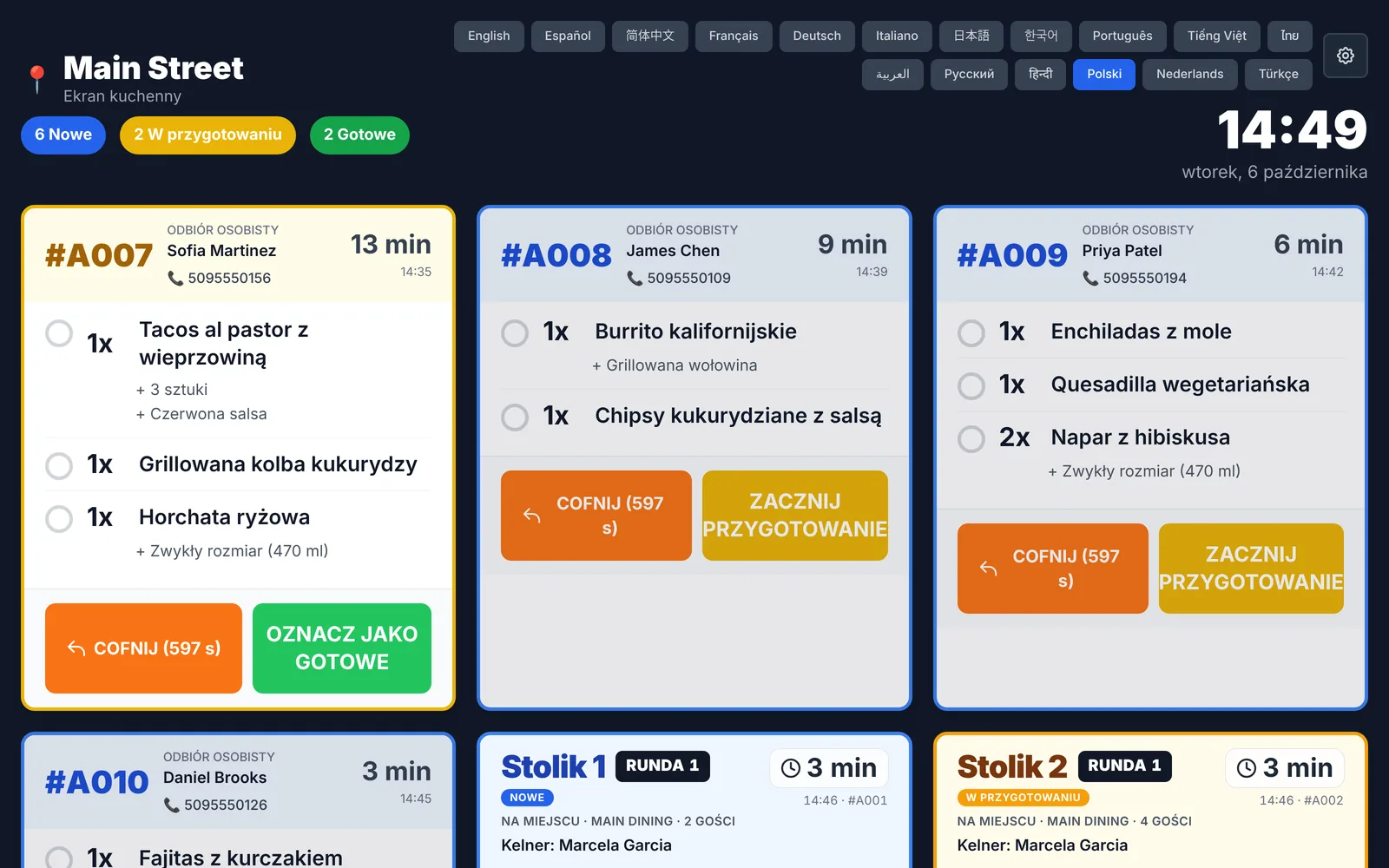 InnoOrder kitchen display in Polish: buttons, timers, dish names and modifiers all in Polish
