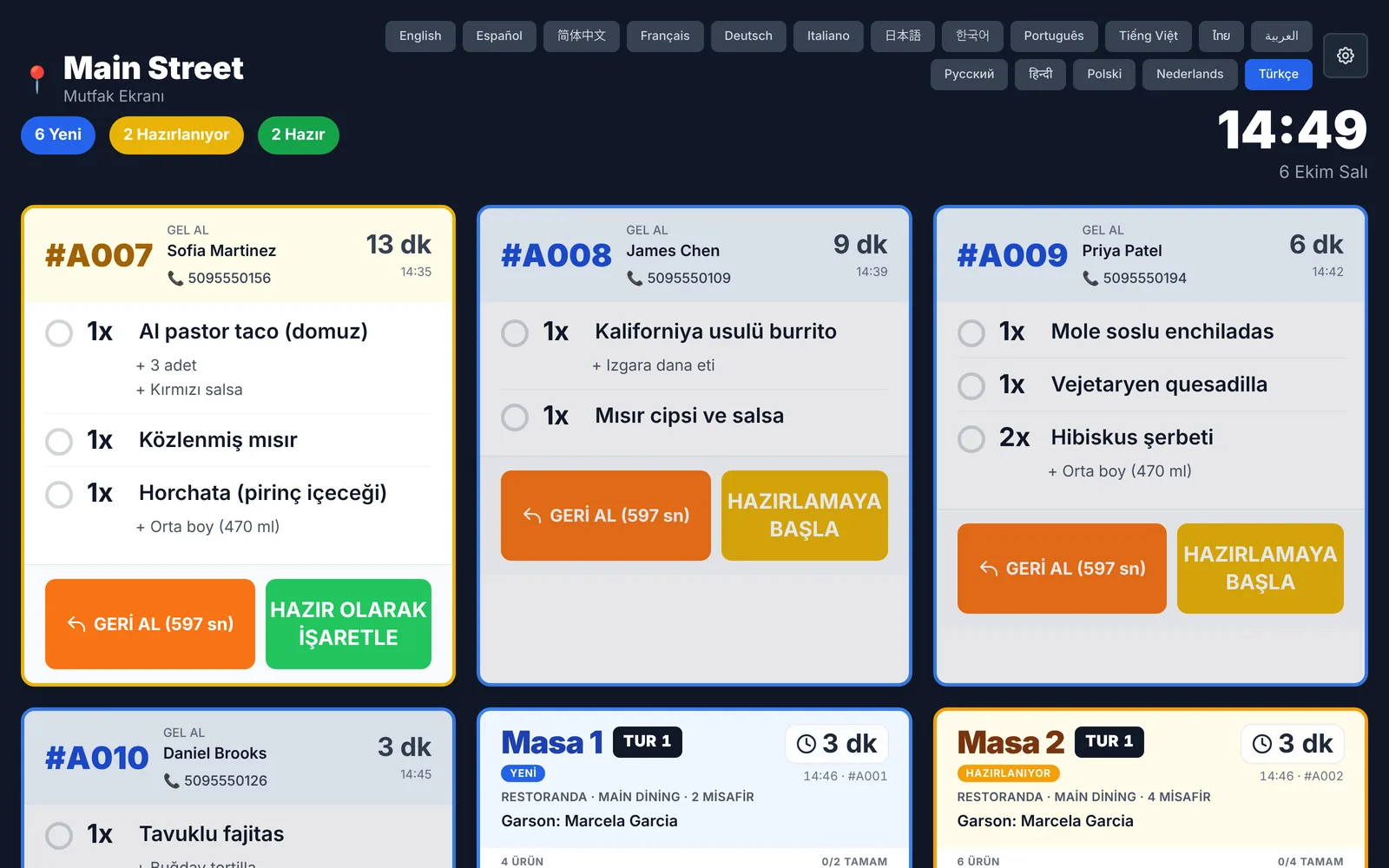 InnoOrder kitchen display in Turkish: buttons, timers, dish names and modifiers all in Turkish