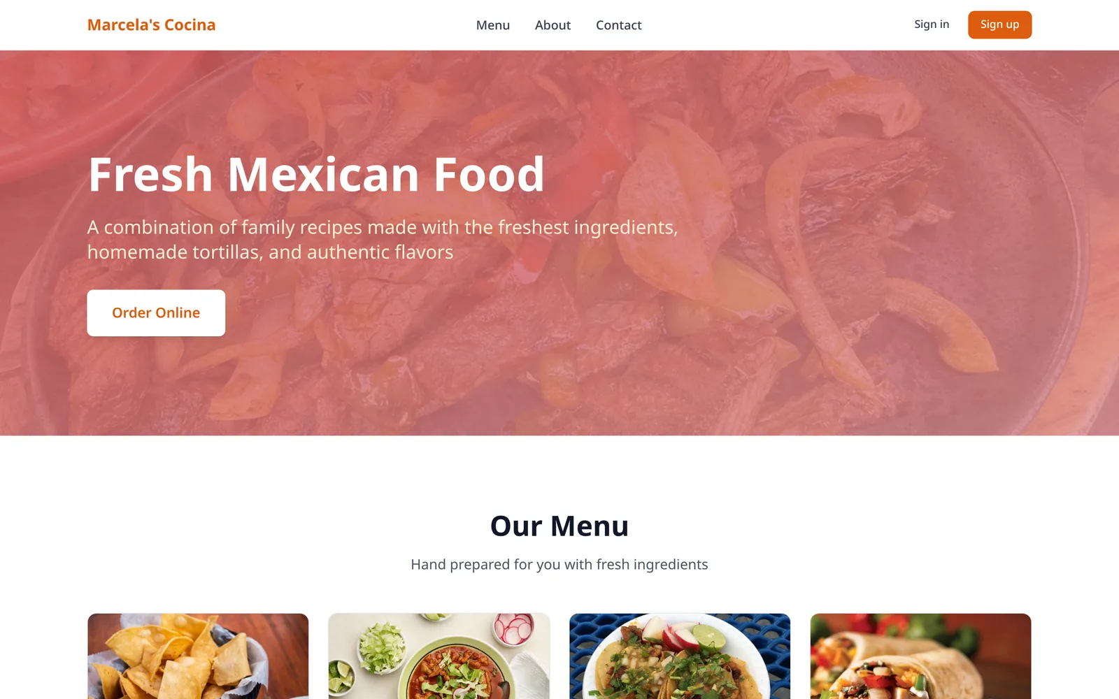 Your storefront, your brand. A full restaurant website with online ordering, shown here with the Mexican cuisine theme.