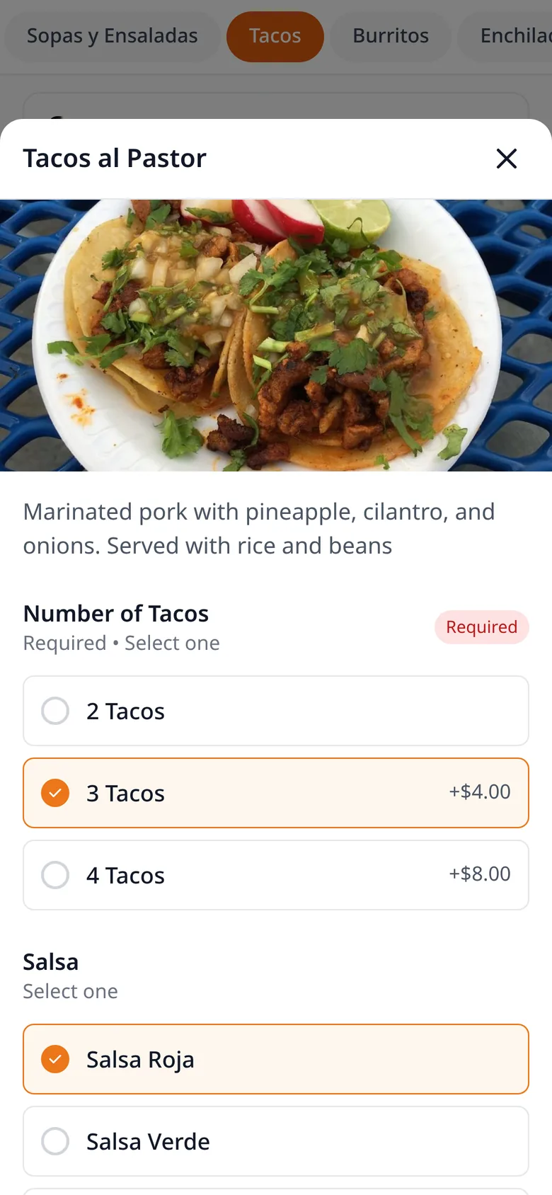 Modifiers that make sense. Required choices, upcharges and add-ons. Guests can’t forget the salsa.