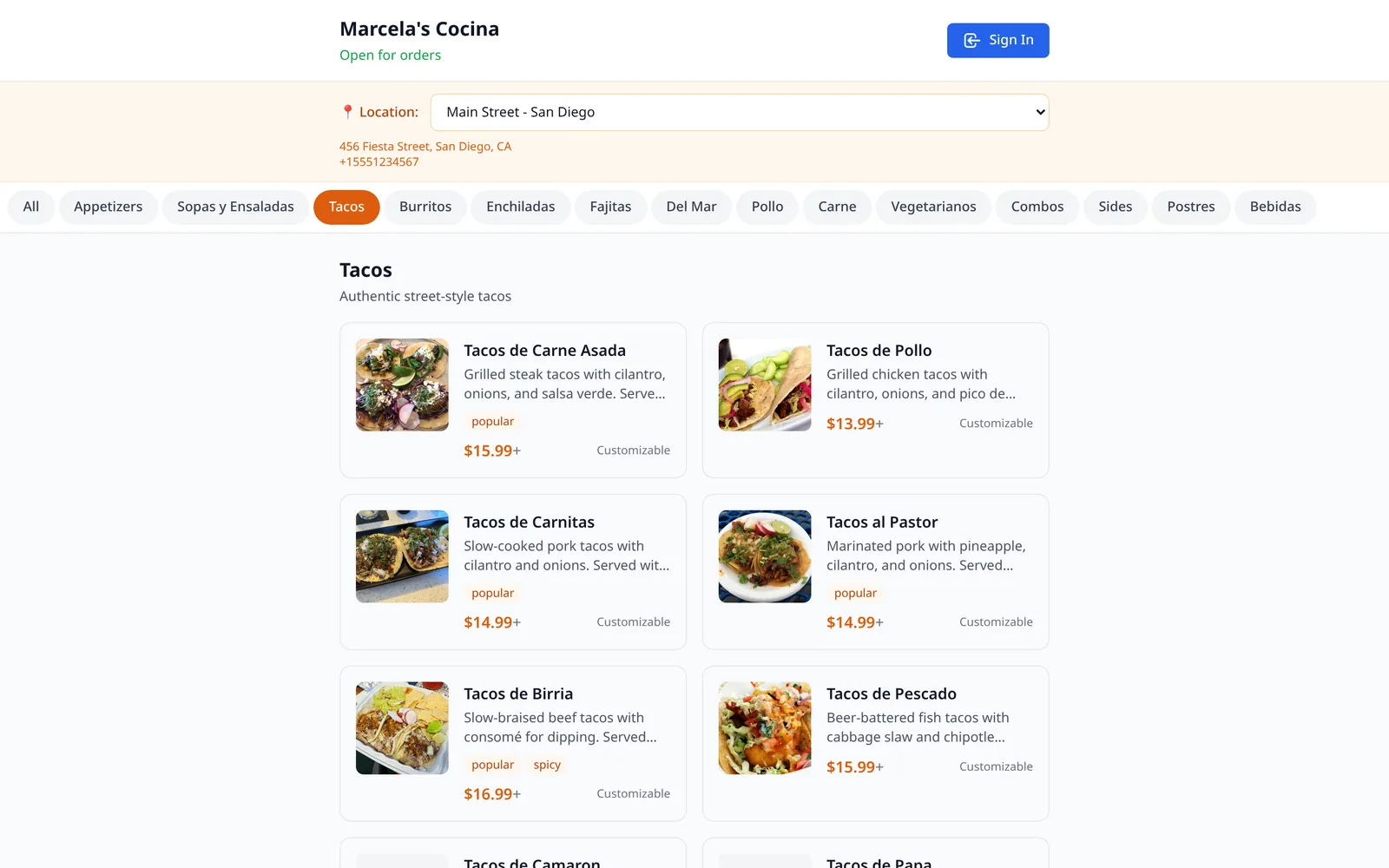Menu built for hungry thumbs. Categories, photos, dietary tags and live “open for orders” status, per location.